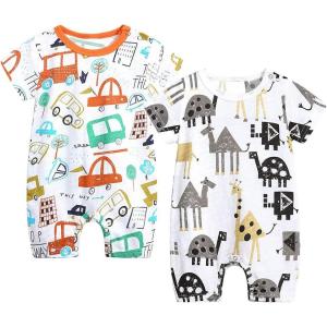 image2 Pack Baby Boys Girls Bodysuit Short Sleeves Summer Infant Toddler Cotton Zipper RompersAcargiraffe