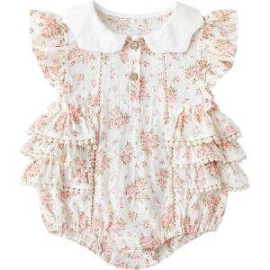 imageSimplee kids Baby Girls Romper Floral Print Summer Onesie Peter Pan Collar Button Ruffled Edge Baby Girl Clothes