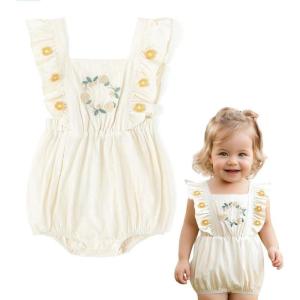 imageSimplee kids Newborn Boys Girls Ruffle Romper Summer Outfit Jumpsuit Linen Embroidery Bodysuits WhiteAaabeige