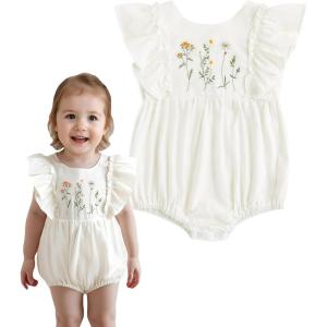 imageSimplee kids Newborn Boys Girls Ruffle Romper Summer Outfit Jumpsuit Linen Embroidery Bodysuits WhiteWhite
