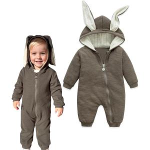 imageSimplee kids Animal Bunny Baby Easter Romper Long Ear Rabbit Hoodie Romper Jumpsuit with ZipperAazbrown