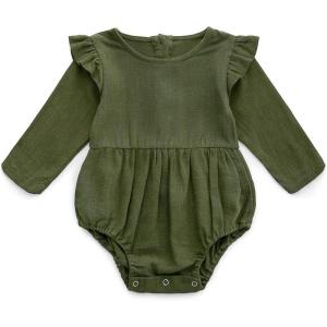 imageSimplee kids Baby Girls Linen Handmade Jumpsuit Summer Long Sleeve Jumpsuit Newborn BabyAaolive Green