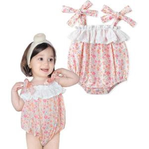 imageSimplee kids Baby Girls Summer Romper Onesie Infant Newborn Floral Ruffled Sleeveless BodysuitApink