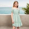 imageSimplee kids Girls Dresses Off The Shoulder Summer Tween Dress Smocked Ruffle Puff Sleeves Dresses for Girl Kids 415 YearsSage Green