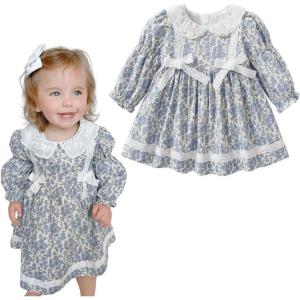 imageSimplee kids Baby Girl Smocked Dress Casual Long Sleeve Dresses Floral Print Sundress Princess Dress for ToddlerBlight Blue