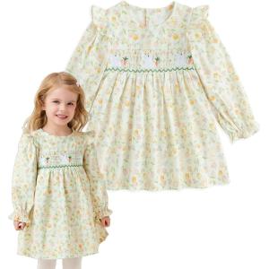 imageSimplee kids Baby Girl Smocked Dress Casual Long Sleeve Dresses Floral Print Sundress Princess Dress for ToddlerFyellow