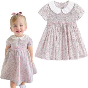 imageSimplee kids Baby Girl Smocked Dress Summer Casual Short Sleeve Dresses Floral Print Sundress Princess Dress for ToddlersCalight Pink