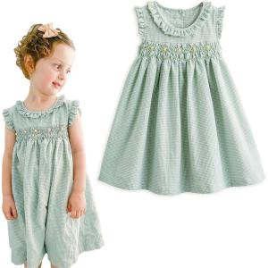 imageSimplee kids Baby Girl Smocked Dress Summer Casual Short Sleeve Dresses Floral Print Sundress Princess Dress for ToddlersDlight Green