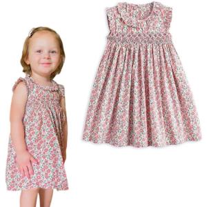 imageSimplee kids Baby Girl Smocked Dress Summer Casual Short Sleeve Dresses Floral Print Sundress Princess Dress for ToddlersDpink