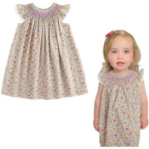 imageSimplee kids Baby Girl Smocked Dress Summer Casual Short Sleeve Dresses Floral Print Sundress Princess Dress for ToddlersDpinkish Purple Flower