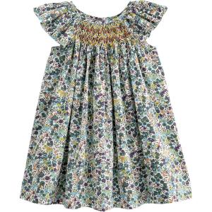 imageSimplee kids Baby Girl Smocked Dress Summer Casual Short Sleeve Dresses Floral Print Sundress Princess Dress for ToddlersFgreen Flower