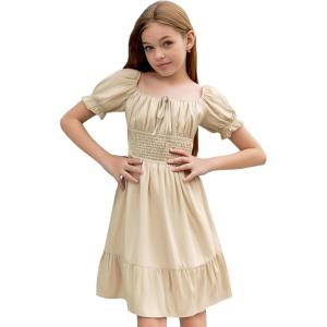 imageSimplee kids Girls Dresses Off The Shoulder Summer Tween Dress Smocked Ruffle Puff Sleeves Dresses for Girl Kids 415 YearsApricot
