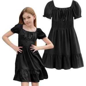 imageSimplee kids Girls Dresses Off The Shoulder Summer Tween Dress Smocked Ruffle Puff Sleeves Dresses for Girl Kids 415 YearsBlack