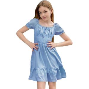 imageSimplee kids Girls Dresses Off The Shoulder Summer Tween Dress Smocked Ruffle Puff Sleeves Dresses for Girl Kids 415 YearsBlue