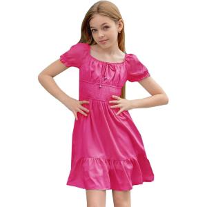imageSimplee kids Girls Dresses Off The Shoulder Summer Tween Dress Smocked Ruffle Puff Sleeves Dresses for Girl Kids 415 YearsHot Pink