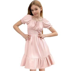 imageSimplee kids Girls Dresses Off The Shoulder Summer Tween Dress Smocked Ruffle Puff Sleeves Dresses for Girl Kids 415 YearsLight Pink