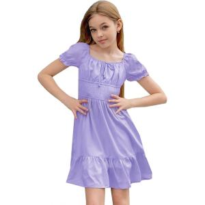 imageSimplee kids Girls Dresses Off The Shoulder Summer Tween Dress Smocked Ruffle Puff Sleeves Dresses for Girl Kids 415 YearsPurple