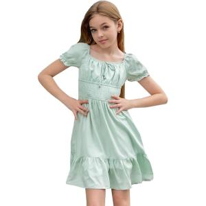 imageSimplee kids Girls Dresses Off The Shoulder Summer Tween Dress Smocked Ruffle Puff Sleeves Dresses for Girl Kids 415 YearsSage Green