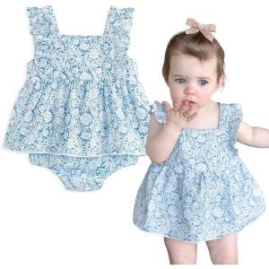 imageSimplee kids Baby Infant Girls Summer Romper Dress Summer Cotton Ruffle Sleeve Floral Onesie for 3 Months Blight Blue