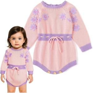 imageSimplee kids Baby Girls Kint Romper Fall Long Sleeve Rompers Newborn Baby Solid Overall Jumpsuit OutfitsDpink