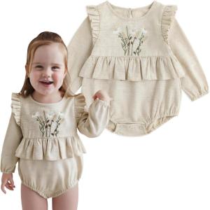 imageSimplee kids Newborn Baby Girls Rompers Infant Ruffle Long Sleeves Embroidery Bodysuit OutfitsBcapricot