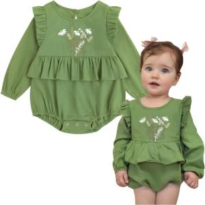imageSimplee kids Newborn Baby Girls Rompers Infant Ruffle Long Sleeves Embroidery Bodysuit OutfitsBcolive Green