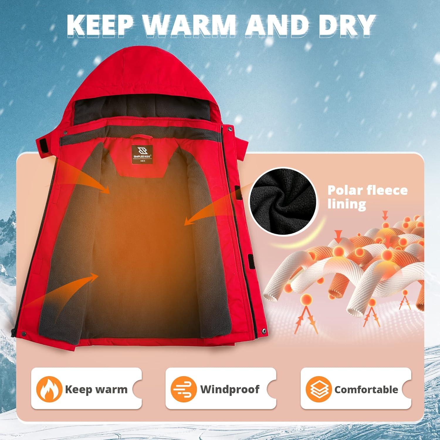 imageSimplee kids Boy Winter Coat Waterproof Ski Jacket Fleece Hooded Snow Warm Padded RaincoatsAered