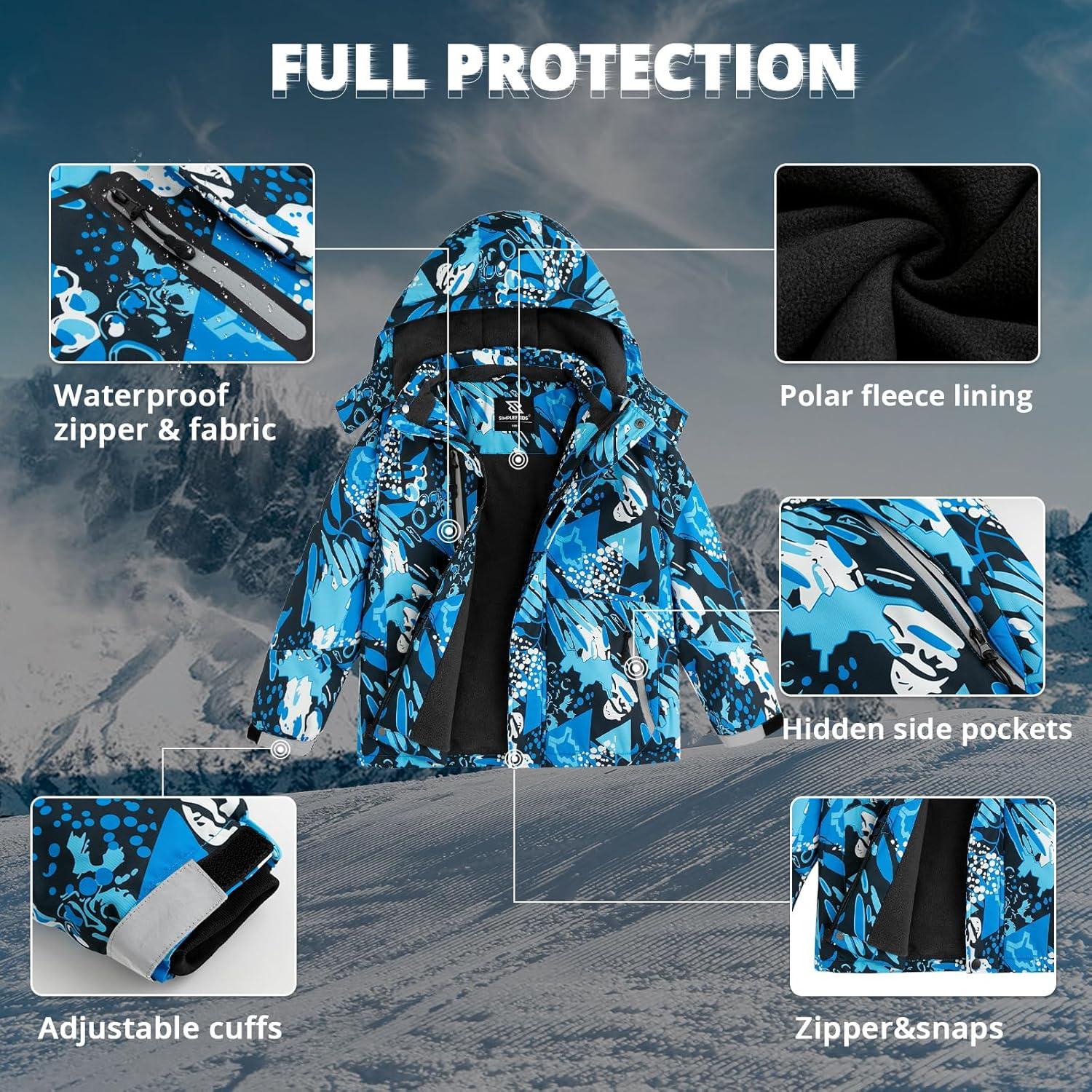 imageSimplee kids Boy Winter Coat Waterproof Ski Jacket Fleece Hooded Snow Warm Padded RaincoatsAgblueblack Leafs