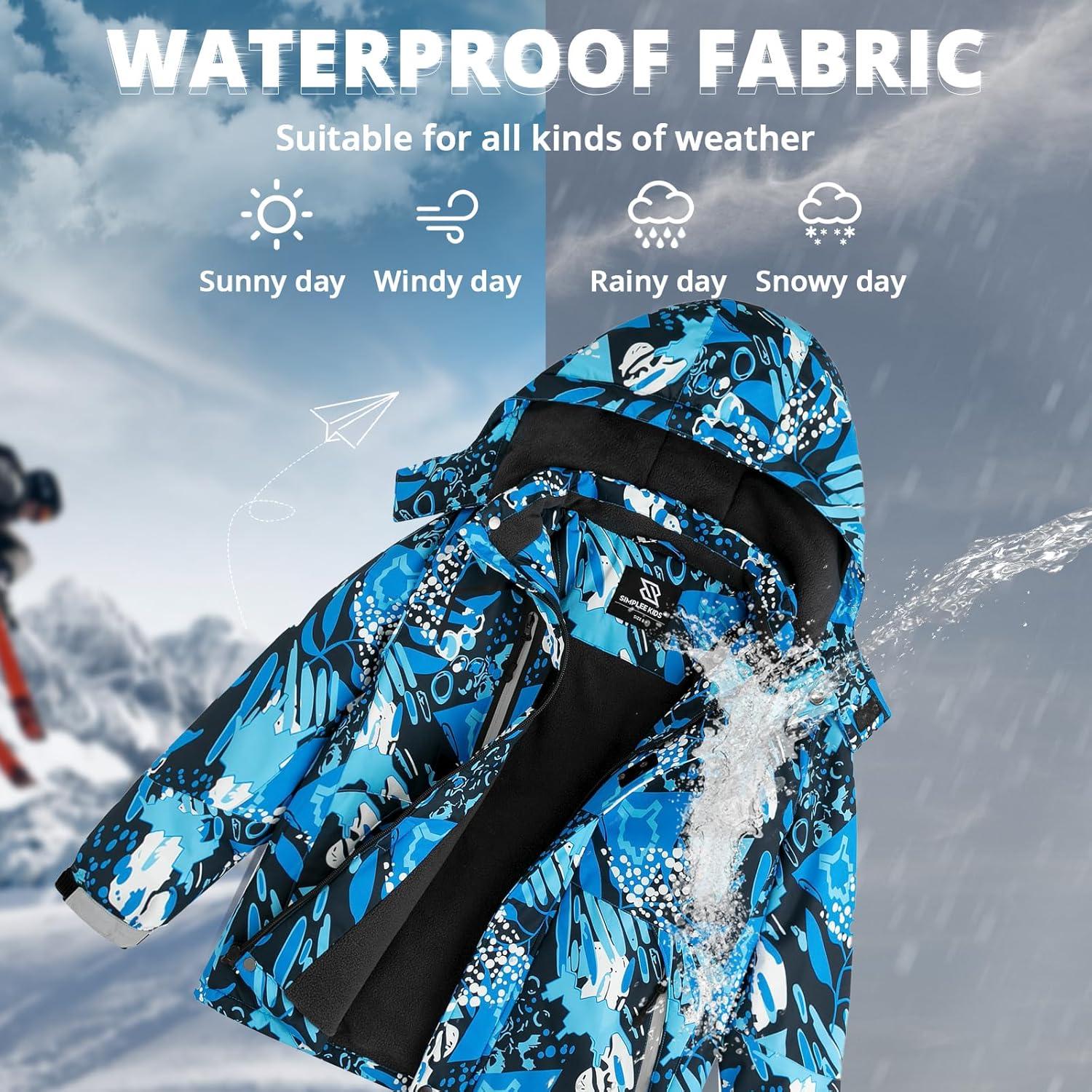 imageSimplee kids Boy Winter Coat Waterproof Ski Jacket Fleece Hooded Snow Warm Padded RaincoatsAgblueblack Leafs