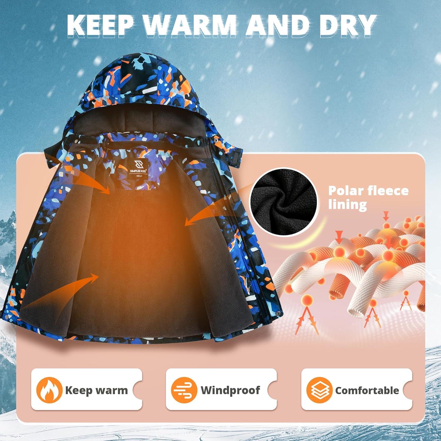 imageSimplee kids Boy Winter Coat Waterproof Ski Jacket Fleece Hooded Snow Warm Padded RaincoatsAgeometric Starry Sky