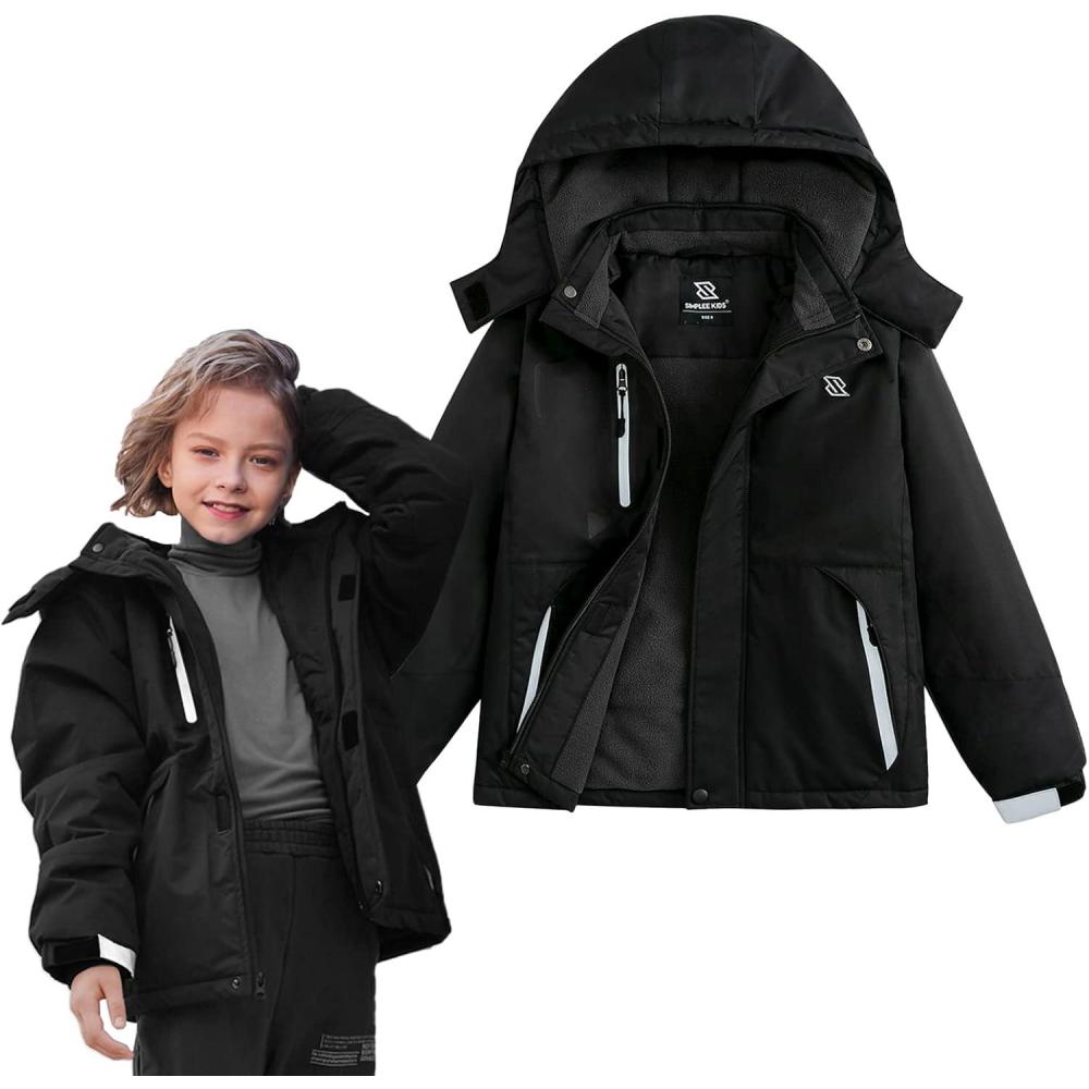imageSimplee kids Boy Winter Coat Waterproof Ski Jacket Fleece Hooded Snow Warm Padded RaincoatsAbblack