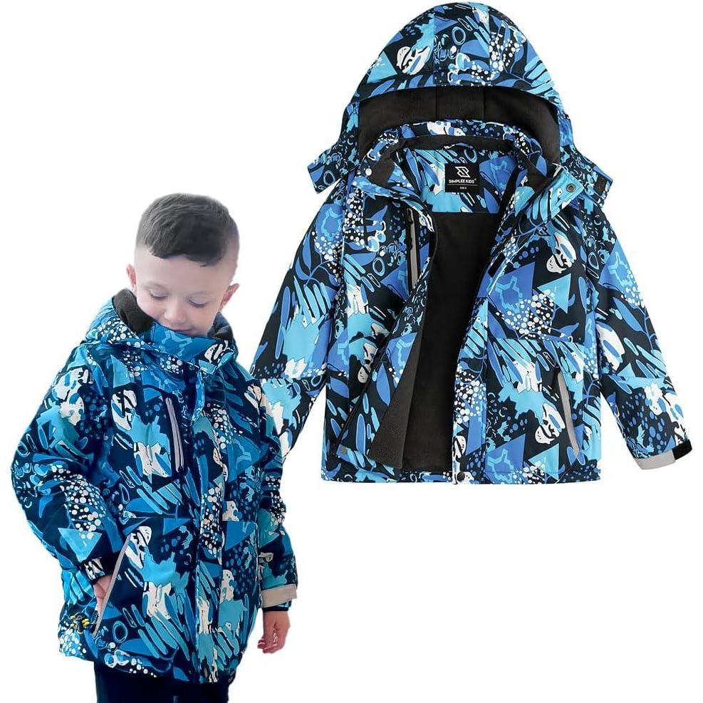 imageSimplee kids Boy Winter Coat Waterproof Ski Jacket Fleece Hooded Snow Warm Padded RaincoatsAgblueblack Leafs