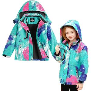 imageSimplee kids Girls Waterproof Ski Snow Jacket Fleece Raincoat Colorful Winter Coat Warm HoodedMblue and Green Splash Ink
