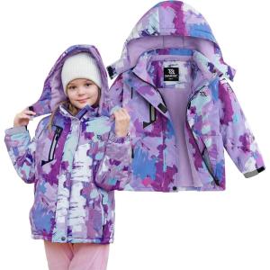 imageSimplee kids Girls Waterproof Ski Snow Jacket Fleece Raincoat Colorful Winter Coat Warm HoodedOpurple Graffiti