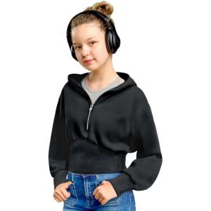 imageSimplee kids Girls Sweatshirt Half Zip up Hoodies 514T Cropped Hoodie Black White Sweatshirts with Long SleeveThumb HoleBlack