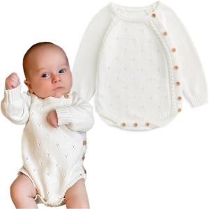 imageSimplee kids Baby Boys Girls Knitted Romper Jumpsuit Long Sleeve Onesie Bodysuits One Piece Outfits SweaterA D White