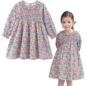 imageSimplee kids Baby Girls Smocked Dress Handmade Spring Fall Casual Dresses Floral Print Sundress Princess Dress for ToddlersApinkfloral
