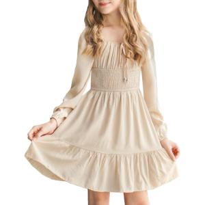 imageSimplee kids Girls Dresses Fall Long Sleeve Dress for Girl Tween Off Shoulder Smocked Dresses Size 415 YearsAbeige