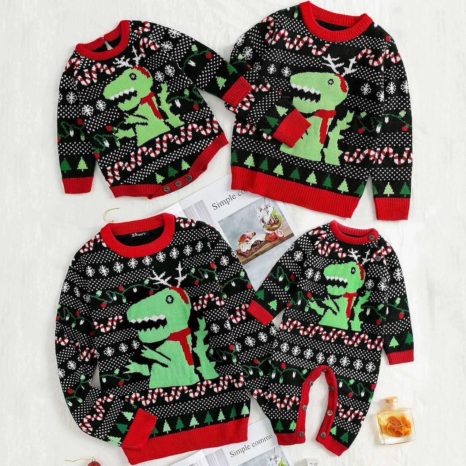 imageSimplee kids Ugly Christmas Sweater Family Matching Outfits for Holiday Party Knitted PulloverBlack Dinosaur Jumpsuit