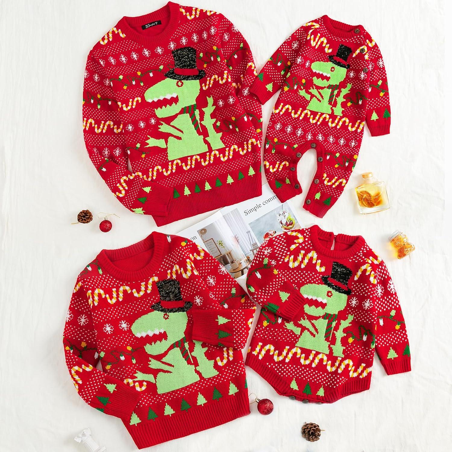 imageSimplee kids Ugly Christmas Sweater Family Matching Outfits for Holiday Party Knitted PulloverRed Dinosaur Jumpsuit