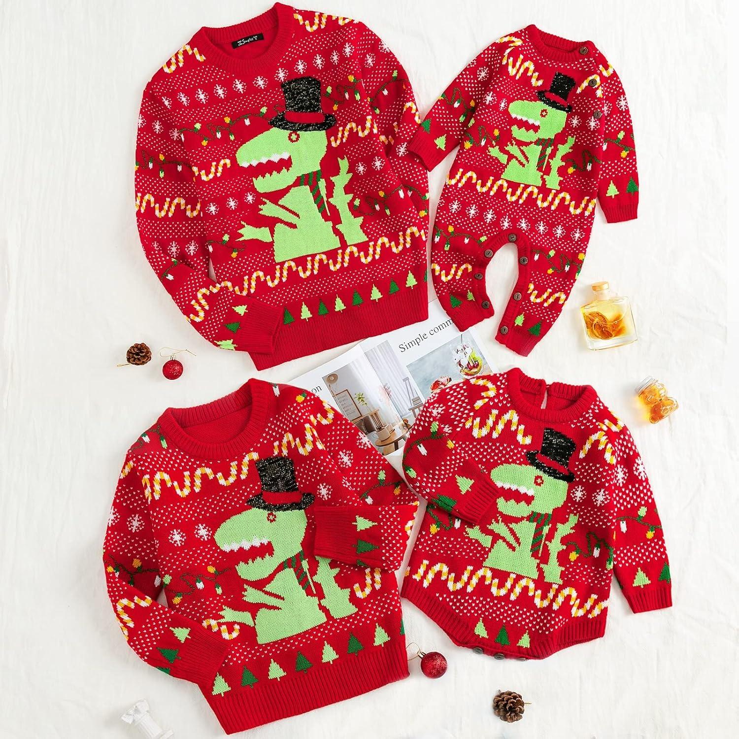 imageSimplee kids Ugly Christmas Sweater Family Matching Outfits for Holiday Party Knitted PulloverRed Dinosaur Romper