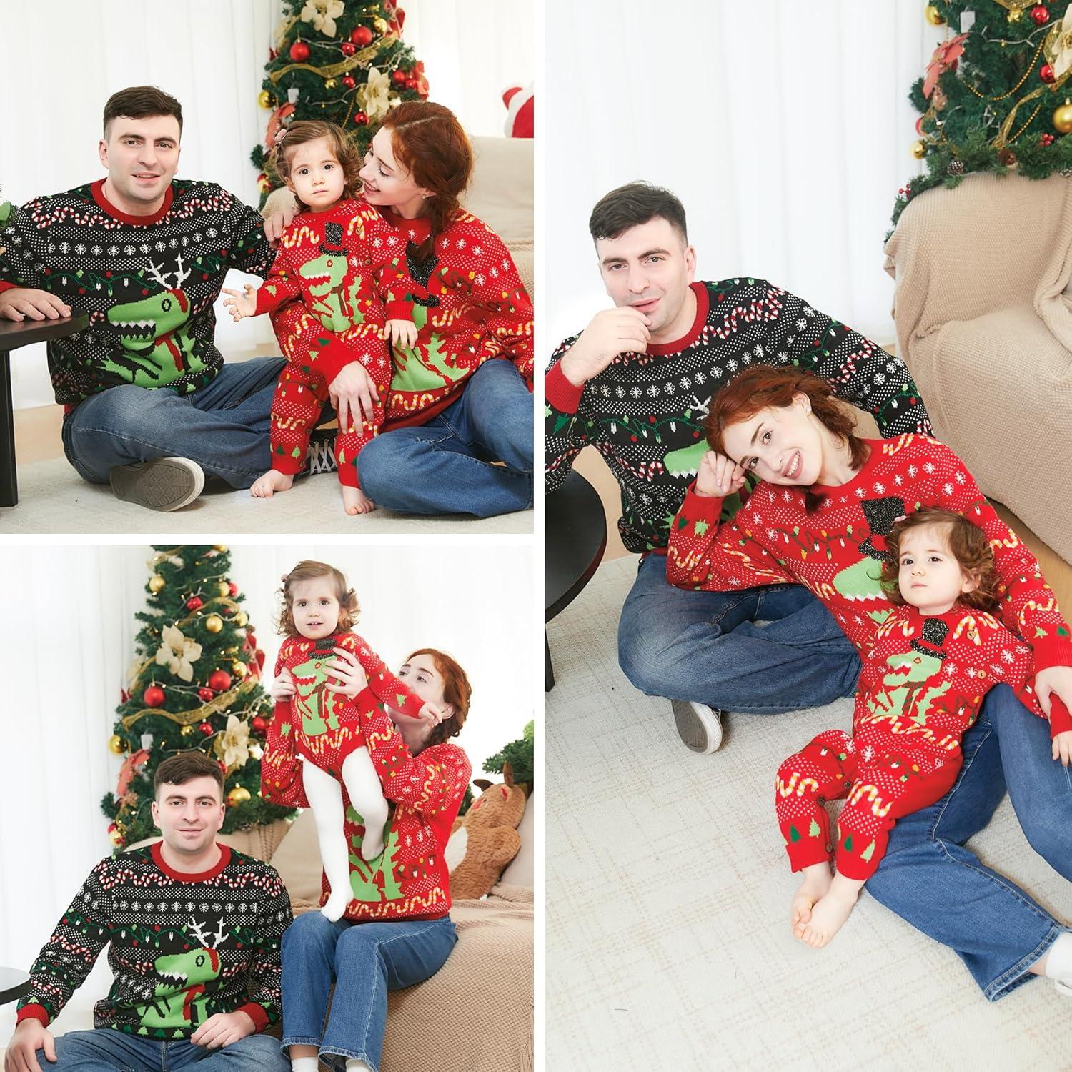 imageSimplee kids Ugly Christmas Sweater Family Matching Outfits for Holiday Party Knitted PulloverRed Dinosaur Romper