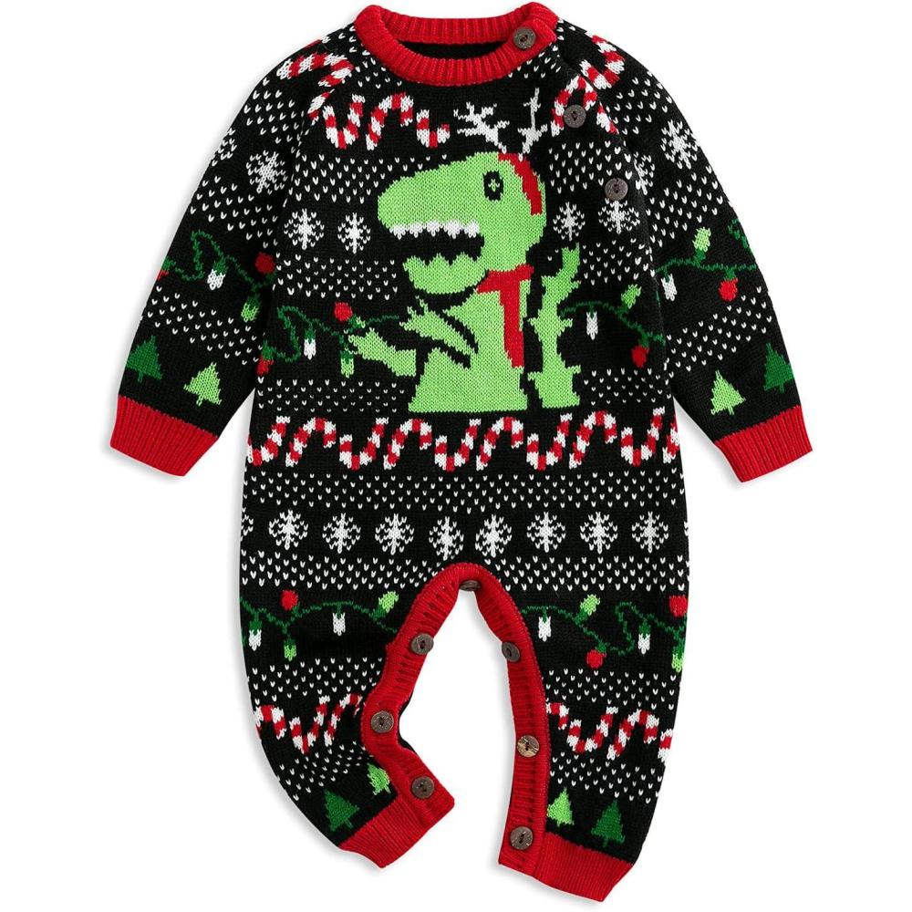 imageSimplee kids Ugly Christmas Sweater Family Matching Outfits for Holiday Party Knitted PulloverBlack Dinosaur Jumpsuit