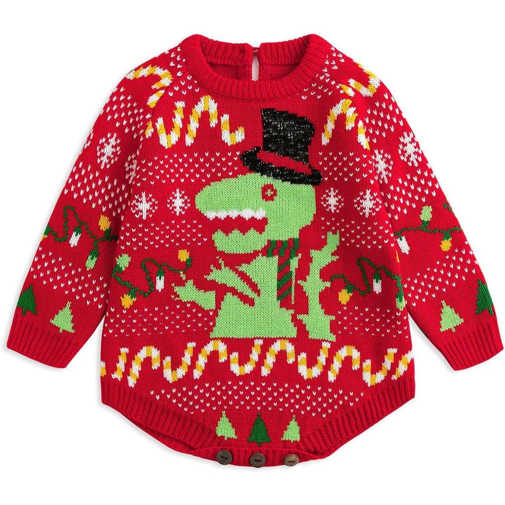imageSimplee kids Ugly Christmas Sweater Family Matching Outfits for Holiday Party Knitted PulloverRed Dinosaur Romper
