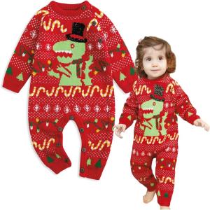 imageSimplee kids Ugly Christmas Sweater Family Matching Outfits for Holiday Party Knitted PulloverRed Dinosaur Jumpsuit