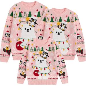 imageSimplee kids Ugly Christmas Sweater Family Matching Outfits for Women Men Party Sweaters Knitted PulloverSnowbearpink