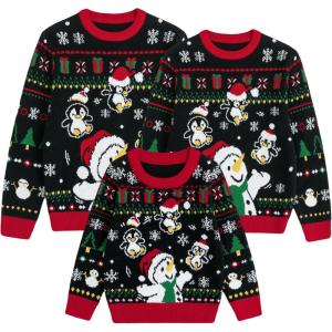 imageCuripeer Ugly Family Matching Christmas Sweaters Men Women Kids Knitted Pullover Outfits Party HolidayBsnowman Penguinblack