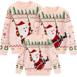 imageCuripeer Ugly Family Matching Christmas Sweaters Men Women Kids Knitted Pullover Outfits Party HolidayBsnowman Pink
