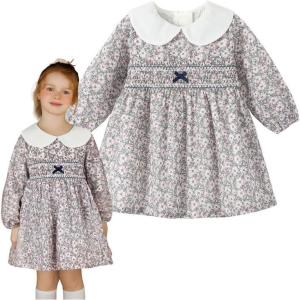 imageSimplee kids Baby Girls Smocked Dress Handmade Spring Fall Casual Dresses Floral Print Sundress Princess Dress for ToddlersAgrayishpinkfloral