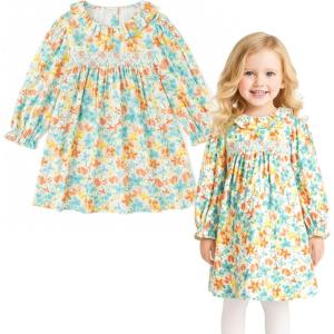 imageSimplee kids Baby Girls Smocked Dress Handmade Spring Fall Casual Dresses Floral Print Sundress Princess Dress for ToddlersGblue Flower